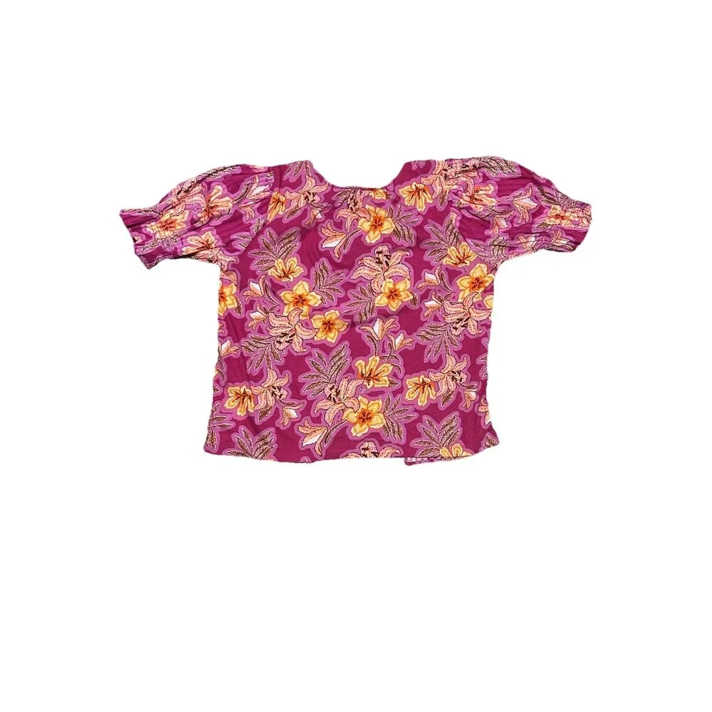 Loft Blouse Pink Orange Tropical Lilly Print Button Up Resort Vacation Sleeve